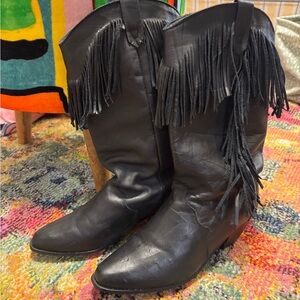 Black Fringe Leather Boots